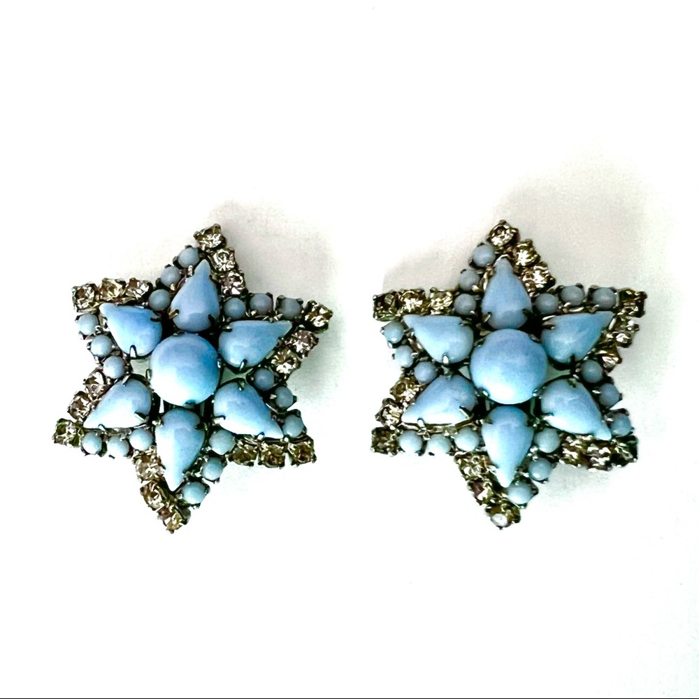 Vintage Designer LaRel Rhinestone Earrings Baby Blue Milk Glass Stars Ear Clips